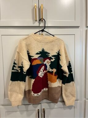 Susan Bristol Cream Holiday Crewneck Sweater with Green Tree & Multicolor Santa